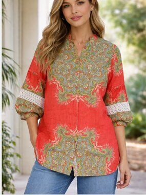 Tyler Boe linen colorful front buttons shirt blouse tunic size L